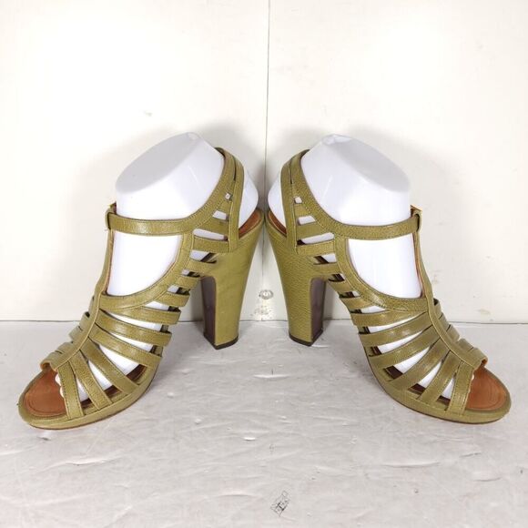CHIE MIHARA Women's US7-7,5 EU38 Oliv Green Leather Caged Heels Strappy Sandals - Picture 6 of 16
